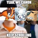 yeah we gay | YEAH, WE CANON; KEEP SCROLLING | image tagged in yeah we gay,sonic the hedgehog,sonic boom | made w/ Imgflip meme maker