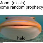 helo fish | Moon: (exists)
some random prophecy: | image tagged in helo fish | made w/ Imgflip meme maker