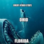 Florida sucks | EVERY OTHER STATE; OHIO; FLORIDA | image tagged in always a bigger shark,ohio,ohio state,florida | made w/ Imgflip meme maker