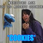 When websites ask you to accept cookies | WEBSITES ASK YOU TO ACCEPT COOKIES; *COOKIES* | image tagged in cookie monster shining | made w/ Imgflip meme maker