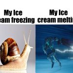 haha funny flash meme | My Ice cream freezing; My Ice cream melting | image tagged in slow versus fast | made w/ Imgflip meme maker