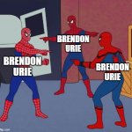 trying to figure out who broke up the band be like | BRENDON URIE BRENDON URIE BRENDON URIE | image tagged in spider man triple,brendon urie,panic at the disco | made w/ Imgflip meme maker