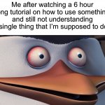 I have to go back 251721548 times just to understand it | Me after watching a 6 hour long tutorial on how to use something and still not understanding a single thing that I’m supposed to do: | image tagged in penguins of madagascar skipper red eyes,memes,funny,true story,relatable memes,tutorial | made w/ Imgflip meme maker