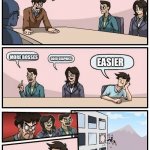 Boardroom meeting all mad | WE NEED MORE IDEAS; GOOD GRAPHICS; MORE BOSSES; EASIER | image tagged in boardroom meeting all mad | made w/ Imgflip meme maker