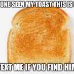 anyone seen it? | ANYONE SEEN MY TOAST THIS IS HIM; TEXT ME IF YOU FIND HIM | image tagged in toast,funny memes,fun | made w/ Imgflip meme maker
