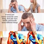 Why is it like this? | if terror and horror mean the same thing, then why does terrific and horrific mean different things; r i | image tagged in honey tell me what's wrong,hmmm,hmm,hmmmmmmm,hmmm yes,philosophy | made w/ Imgflip meme maker