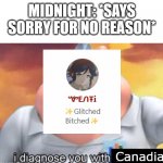 I get called Canadian because of how much I apologize by them and 2 people who are Canadian | MIDNIGHT: *SAYS SORRY FOR NO REASON*; Canadian | image tagged in i diagnose you with disrespectful,online friends,canadian | made w/ Imgflip meme maker