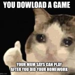 sad thumbs up cat | YOU DOWLOAD A GAME YOUR MUM SAYS CAN PLAY AFTER YOU DID YOUR HOMEWORK | image tagged in sad thumbs up cat | made w/ Imgflip meme maker