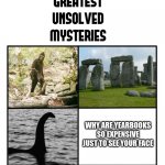 Why | WHY ARE YEARBOOKS SO EXPENSIVE JUST TO SEE YOUR FACE | image tagged in unsolved mysteries | made w/ Imgflip meme maker