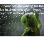 Kermit the frog rain window | 8 year old me waiting for the police to arrest me after i typed "how to build tnt" without adding minecraft | image tagged in kermit the frog rain window | made w/ Imgflip meme maker