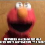 Can anyone else relate? | ME WHEN I’M HOME ALONE AND HEAR THE ICE MAKER AND THINK THAT IT’S A ROBBER | image tagged in scared elmo | made w/ Imgflip meme maker