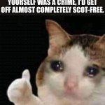 Oof | IF BEING CONFIDENT IN YOURSELF WAS A CRIME, I'D GET OFF ALMOST COMPLETELY SCOT-FREE. | image tagged in sad thumbs up cat,memes,fun,confidence,oof,true story | made w/ Imgflip meme maker