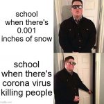 Persuadable Bouncer | school when there's 0.001 inches of snow; school when there's corona virus killing people | image tagged in persuadable bouncer | made w/ Imgflip meme maker