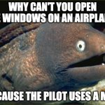 U mad Microsoft? | WHY CAN'T YOU OPEN THE WINDOWS ON AN AIRPLANE? BECAUSE THE PILOT USES A MAC | image tagged in memes,bad joke eel | made w/ Imgflip meme maker