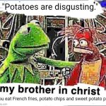 Potatoes | "Potatoes are disgusting."; You eat French fries, potato chips and sweet potato pie. | image tagged in my brother in christ,potatoes,potato,funny,memes,blank white template | made w/ Imgflip meme maker