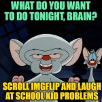 Friday Night with Pinky & the Brain | WHAT DO YOU WANT TO DO TONIGHT, BRAIN? SCROLL IMGFLIP AND LAUGH
AT SCHOOL KID PROBLEMS | image tagged in pinky and the brain,imgflip,funny memes,school,kids,lol | made w/ Imgflip meme maker