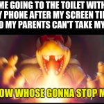 I still do it | ME GOING TO THE TOILET WITH MY PHONE AFTER MY SCREEN TIME ENDS SO MY PARENTS CAN'T TAKE MY PHONE; NOW WHOSE GONNA STOP ME | image tagged in now whose gonna stop me,mario,bowser,phone | made w/ Imgflip meme maker