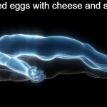 I feel like I'm a new person | Scrambled eggs with cheese and sausages | image tagged in soul leaving body,scrambled eggs,eggs,egg,sausage,cheese | made w/ Imgflip meme maker