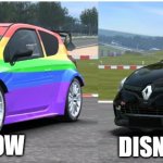 Rainbow and goth cars | DISNEY 5 YEARS AGO; DISNEY NOW | image tagged in rainbow and goth cars,memes,funny,lgbtq,disney | made w/ Imgflip meme maker