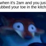 ow | when it's 2am and you just stubbed your toe in the kitchen | image tagged in nick wilde,relatable,late night | made w/ Imgflip meme maker