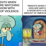 Imgae Title | PARENTS WHEN THEIR KIDS ARE WATCHING A SHOW WITH A SLIGHT AMOUNT OF SMEXUAL STUFF:; PARENTS WHEN KIDS ARE WATCHING A SHOW WITH A TON OF VIOLENCE: | image tagged in spongebob squidward calm vs squidward yelling,memes,spongebob,squidward,parents | made w/ Imgflip meme maker