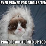 Too cold for Grumpy cat | WHOEVER PRAYED FOR COOLER TEMPS... YOUR PRAYERS ARE TURNED UP TOO HIGH | image tagged in cold grumpy cat | made w/ Imgflip meme maker