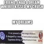 Dreams be like | FRIEND: I HAD A DREAM WHERE I KISSED MY CRUSH MY DREAMS | image tagged in memes,blank transparent square | made w/ Imgflip meme maker
