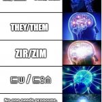 Pronouns | HE/HIM SHE/HER THEY/THEM ZIR/ZIM ⊑⟒ / ⊑⟟⋔ No one needs pronouns. Humans communicate through interpretive dance. | image tagged in expanding brain 5 panel | made w/ Imgflip meme maker