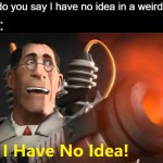 I absolutely have no idea! | Me:; "Why do you say I have no idea in a weird way?" | image tagged in i have no idea medic version,tf2 | made w/ Imgflip meme maker