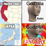Godzilla hates Japan (Classic) | Godzilla; U.S. PACIFIC COAST; Godzilla; JAPAN | image tagged in kalm angery,godzilla,japan,america | made w/ Imgflip meme maker
