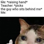 sad thumbs up cat | Teacher: Who wants to answer the question?
Me: *raising hand*
Teacher: *picks the guy who sits behind me*
Me: | image tagged in sad thumbs up cat | made w/ Imgflip meme maker
