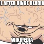 Now that's a lot of knowledge! | ME AFTER BINGE READING; WIKIPEDIA | image tagged in big brain mickey | made w/ Imgflip meme maker