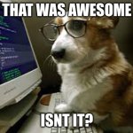 good right | THAT WAS AWESOME; ISNT IT? | image tagged in coding k9 | made w/ Imgflip meme maker