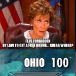 More trivia about Ohio | IT IS FORBIDDEN BY LAW TO GET A FISH DRUNK... GUESS WHERE? OHIO | image tagged in judge judy eye roll | made w/ Imgflip meme maker