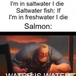 I wonder what the reputation of salmon must be among other fish. | Freshwater fish: If I'm in saltwater I die; Saltwater fish: If I'm in freshwater I die; Salmon:; WATER IS WATER | image tagged in math is math | made w/ Imgflip meme maker