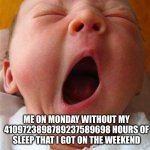 ... | ME ON MONDAY WITHOUT MY 4109723898789237589698 HOURS OF SLEEP THAT I GOT ON THE WEEKEND | image tagged in yawn | made w/ Imgflip meme maker