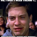 Toby Maguire | NO, I DON'T NEED THERAPY... JUST BECAUSE I DON'T USE TIKTOK ! | image tagged in toby maguire | made w/ Imgflip meme maker