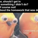 I’ve actually done this | Me: Teacher, should I get in trouble for something I didn’t do?
Teacher: Of course not!
Me: Well, about the homework that was due today… | image tagged in listen here you little shit bird | made w/ Imgflip meme maker