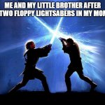 Odd looking lightsabers i guess.... | ME AND MY LITTLE BROTHER AFTER FINDING TWO FLOPPY LIGHTSABERS IN MY MOMS ROOM | image tagged in lightsaber battle | made w/ Imgflip meme maker