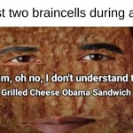 True | My last two braincells during a test : | image tagged in grilled cheese obama sandwich | made w/ Imgflip meme maker