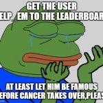 at least make him happy,please | GET THE USER HELP_EM TO THE LEADERBOARD; AT LEAST LET HIM BE FAMOUS BEFORE CANCER TAKES OVER,PLEASE | image tagged in pepe cry,cancer | made w/ Imgflip meme maker