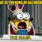 Daily Bad Dad Joke February 2 2023 | WHAT IS THE KING OF ALL INCHES? THE RULER. | image tagged in minions king bob | made w/ Imgflip meme maker