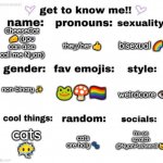 . | CheeseCat 🧀 (you can also call me Nyan); they/her 👍; bisexual 🌈; non-binary ✨; 🐸🍄🏳‍🌈; weirdcore 👁; I'm on scratch @NyanPusheen8 🐱; cats 😶‍🌫; cats are holy 🐾 | image tagged in get to know me,get,to,know,me,cheesecat | made w/ Imgflip meme maker