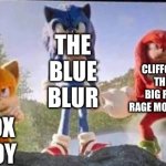 Sonic, Tails, and Knuckles, but it’s just the nicknames | THE BLUE BLUR; CLIFFORD THE BIG RED RAGE MONSTER; FOX BOY | image tagged in sonic and the bois | made w/ Imgflip meme maker