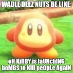 KiRbY IS kIllING AGaIn | WADLE DEEZ NUTS BE LIKE:; oH KiRBY is laUNchING boMBS to KIll peOpLe AgaIN | image tagged in waddle dee,kirby | made w/ Imgflip meme maker