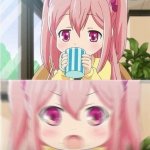Pink hair girl sips tea