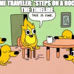 time travel | TIME TRAVELER: *STEPS ON A ROCK*
THE TIMELINE | image tagged in this is fine but reversed | made w/ Imgflip meme maker
