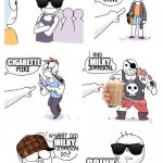 welcome to the meme gang! | GUNNY; CIGARETTE; MILKY; MILKY; DRINK MILK | image tagged in welcome to the gang kid | made w/ Imgflip meme maker
