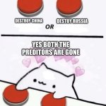 Bye world problems | DESTROY CHINA; DESTOY RUSSIA; YES BOTH THE PREDITORS ARE GONE | image tagged in cat pressing two buttons,haha | made w/ Imgflip meme maker
