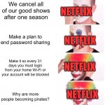 Clown Applying Makeup Meme | We cancel all of our good shows after one season Make a plan to end password sharing Make it so every 31 days you must login from your home  | image tagged in memes,clown applying makeup,netflix | made w/ Imgflip meme maker